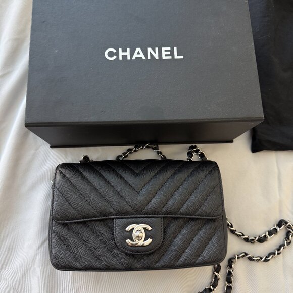 Chanel Black Caviar Chevron Quilted Rectangular Mini Flap Bag Silver - Picture 15 of 16